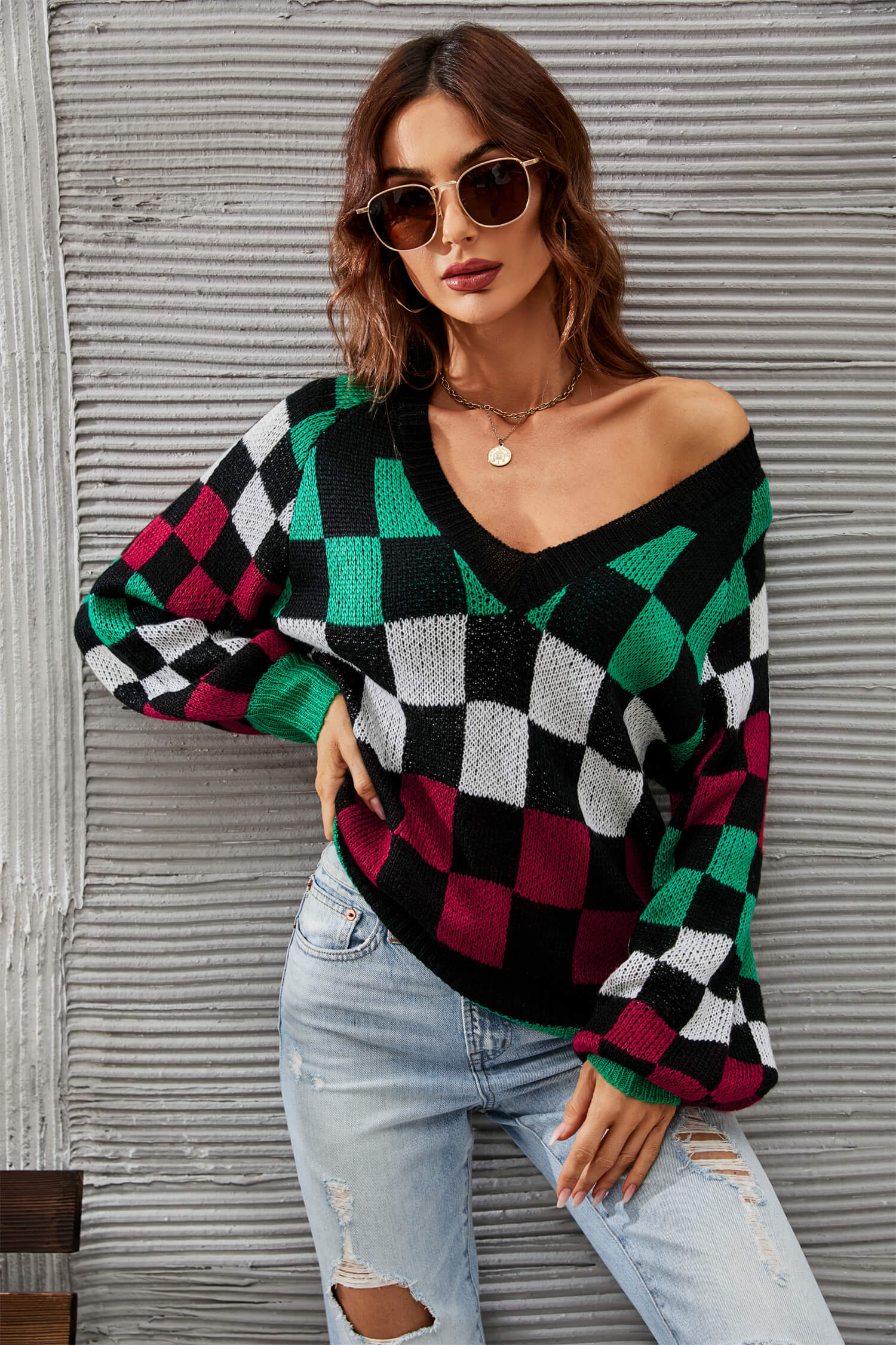 Checkered V-Neck Lantern Sleeve Sweater