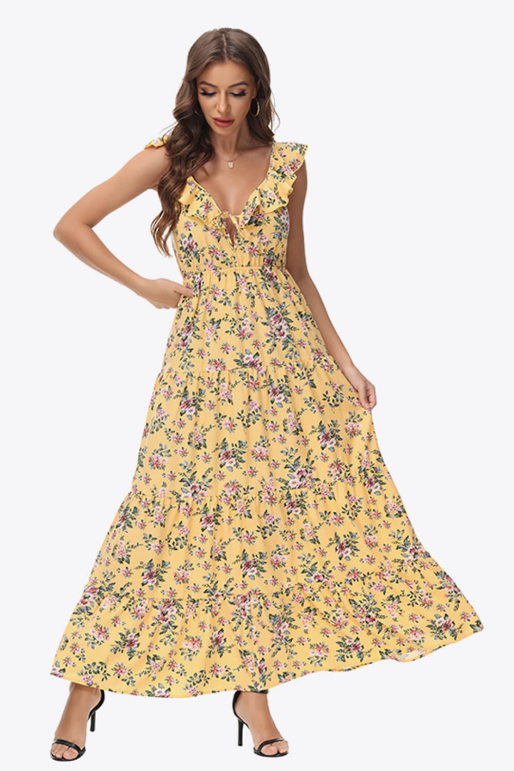 Maxikleid mit Blumenmuster, Rüschen an den Schultern und Bindeband