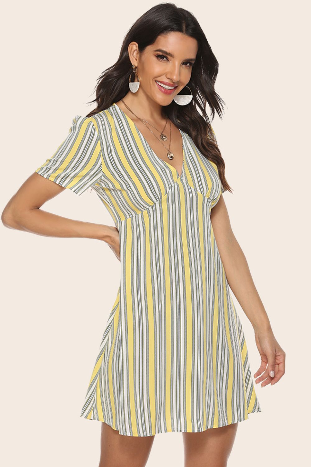 Striped Plunge Puff Sleeve Dress