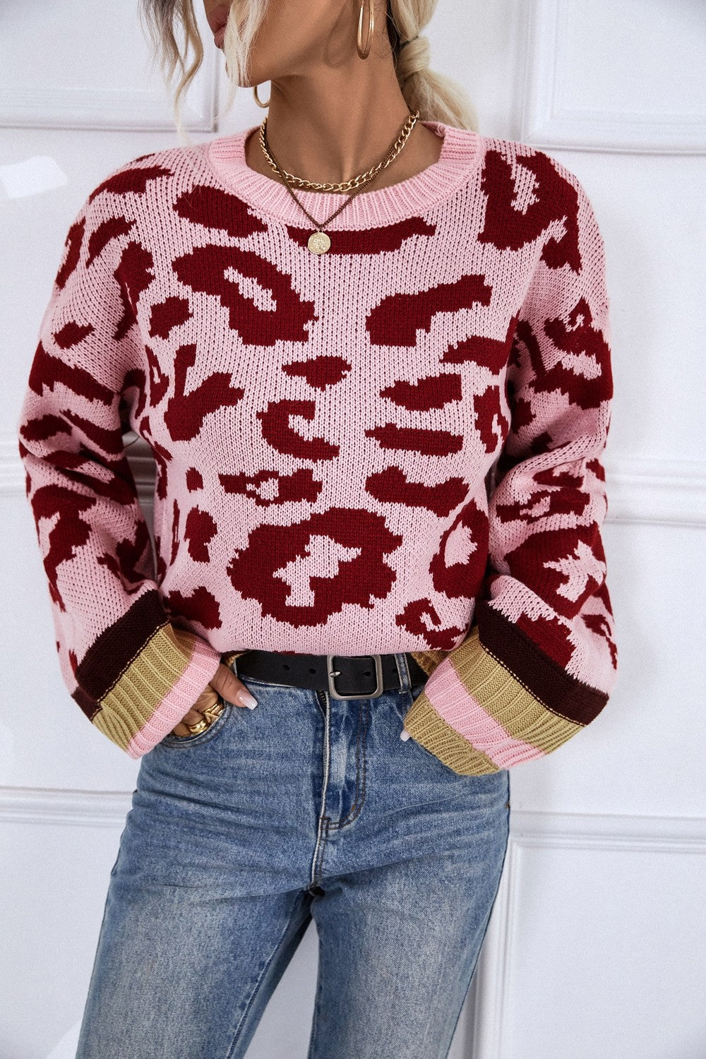 Leopard Round Neck Long Sleeve Sweater