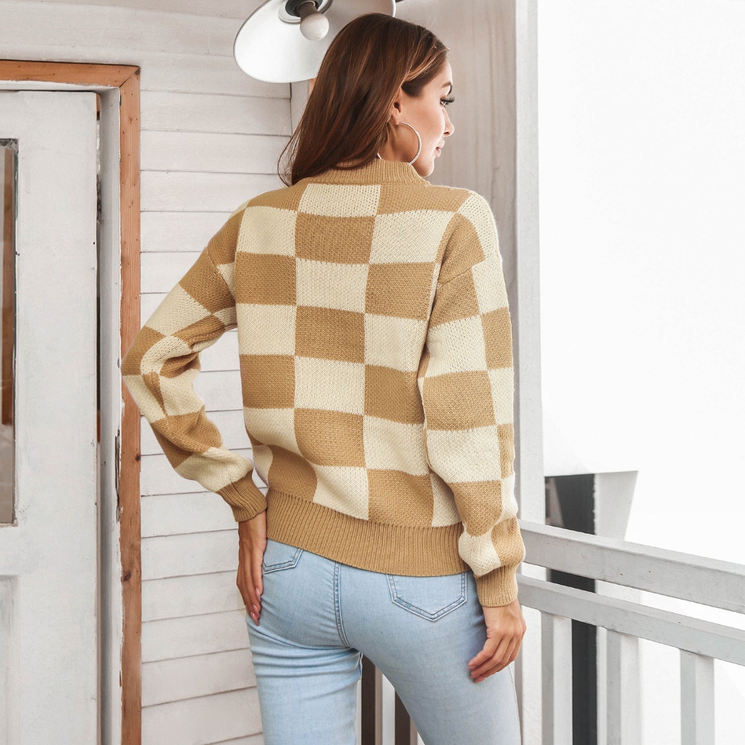 Checkered Two-Tone Dropped Shoulder Crewneck Sweater