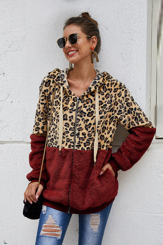 Spliced Leopard Drawstring Zip-Up Teddy Hoodie