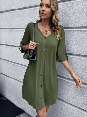 Button Front Roll-Tab Sleeve V-Neck Dress