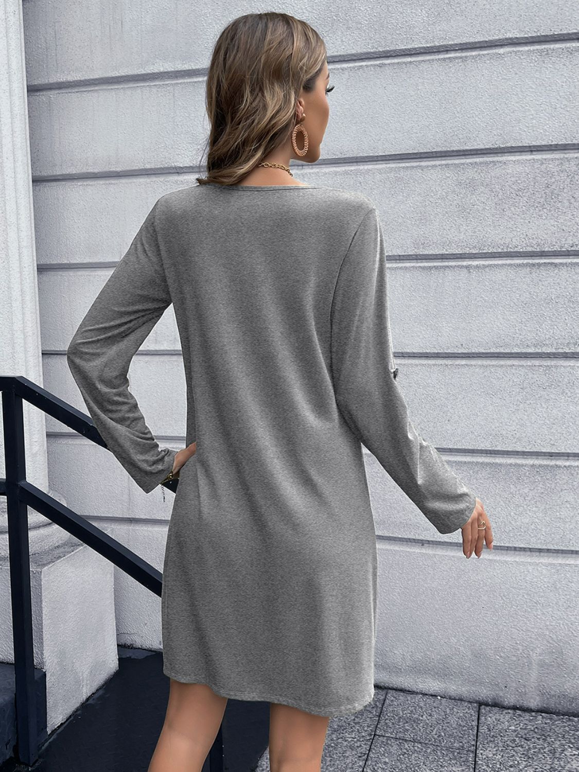 Button Front Roll-Tab Sleeve V-Neck Dress