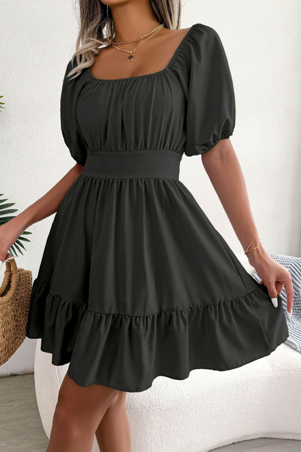 Square Neck Balloon Sleeve Ruffled Dress