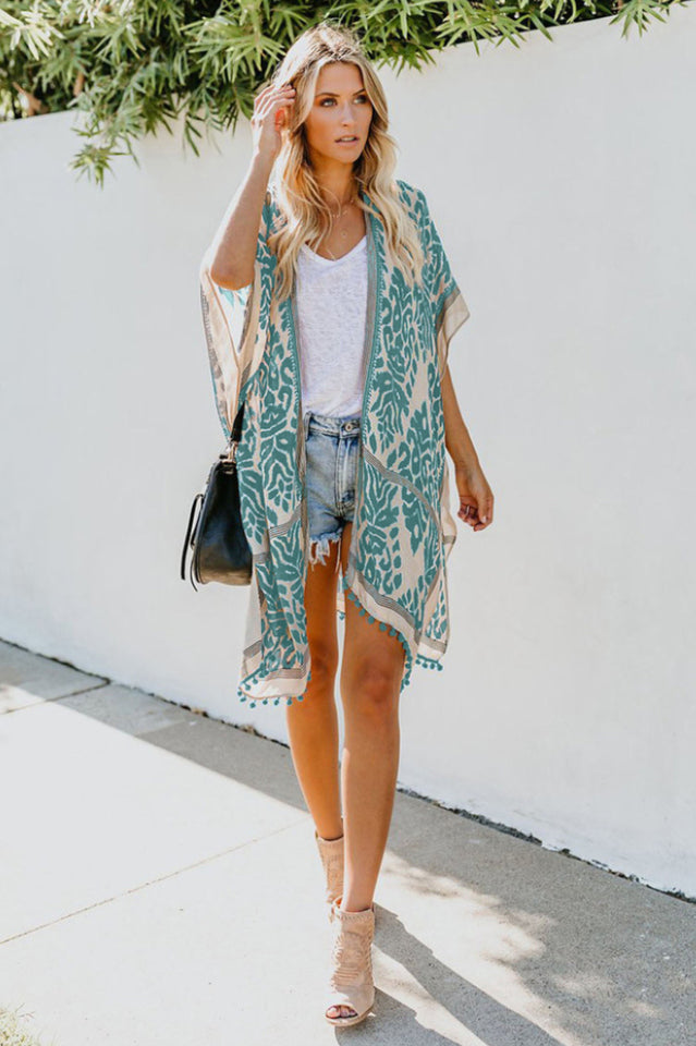 Seaside Resort Cardigan Printed Pompom Kimono