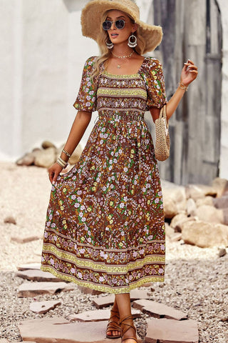 Bohemian Square Neck Short Sleeve Midi Dress