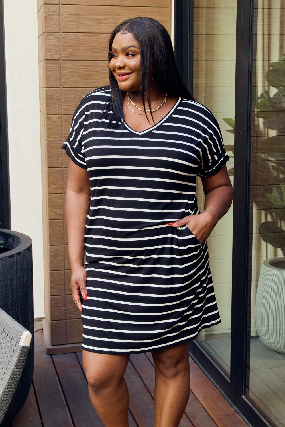 Full Size Striped V-Neck Pocket Dress in Black/Ivory