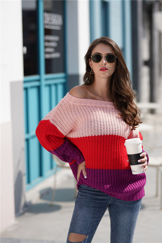 Tricolor Rib-Knit Boat Neck Sweater