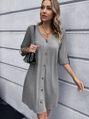 Button Front Roll-Tab Sleeve V-Neck Dress