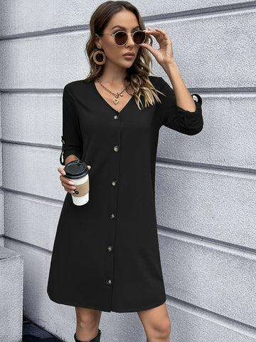 Button Front Roll-Tab Sleeve V-Neck Dress