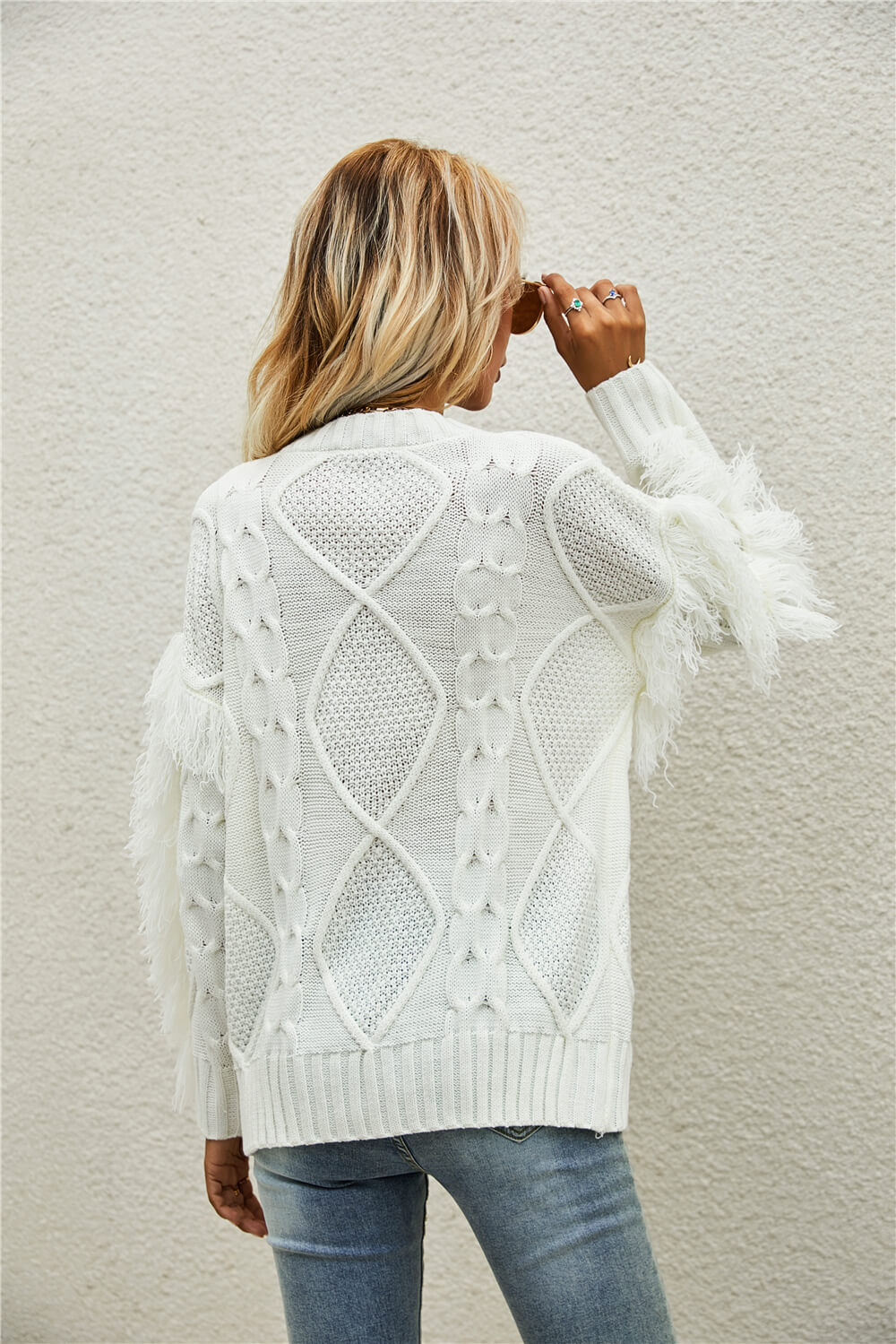 Mixed Knit Fringe Detail Round Neck Sweater