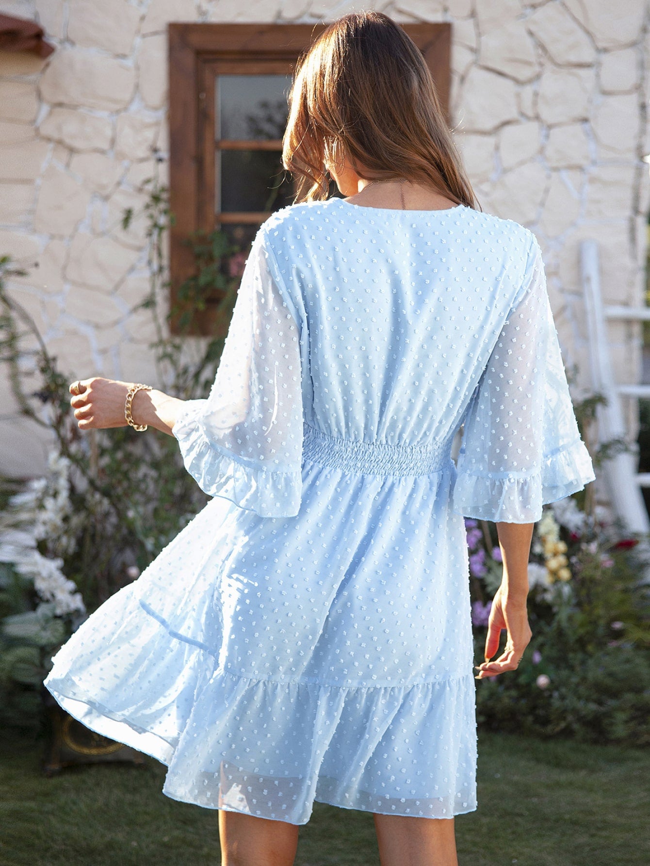 Swiss Dot Flare Sleeve Surplice Mini Dress