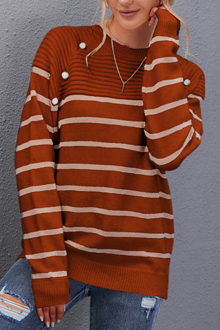 Striped Button Detail Round Neck Sweater