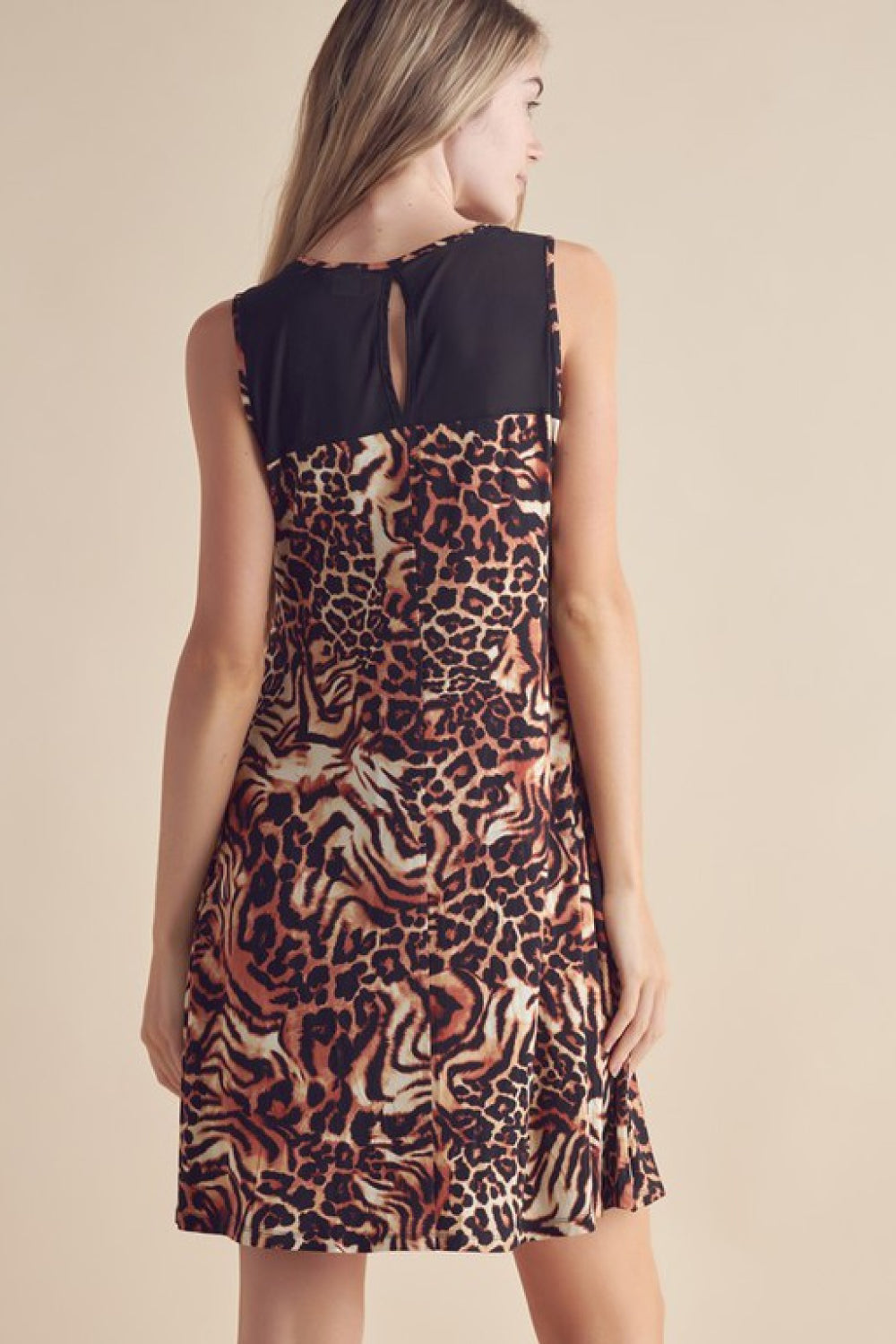 Full Size Animal Print Round Neck Sleeveless Dress with Pockets