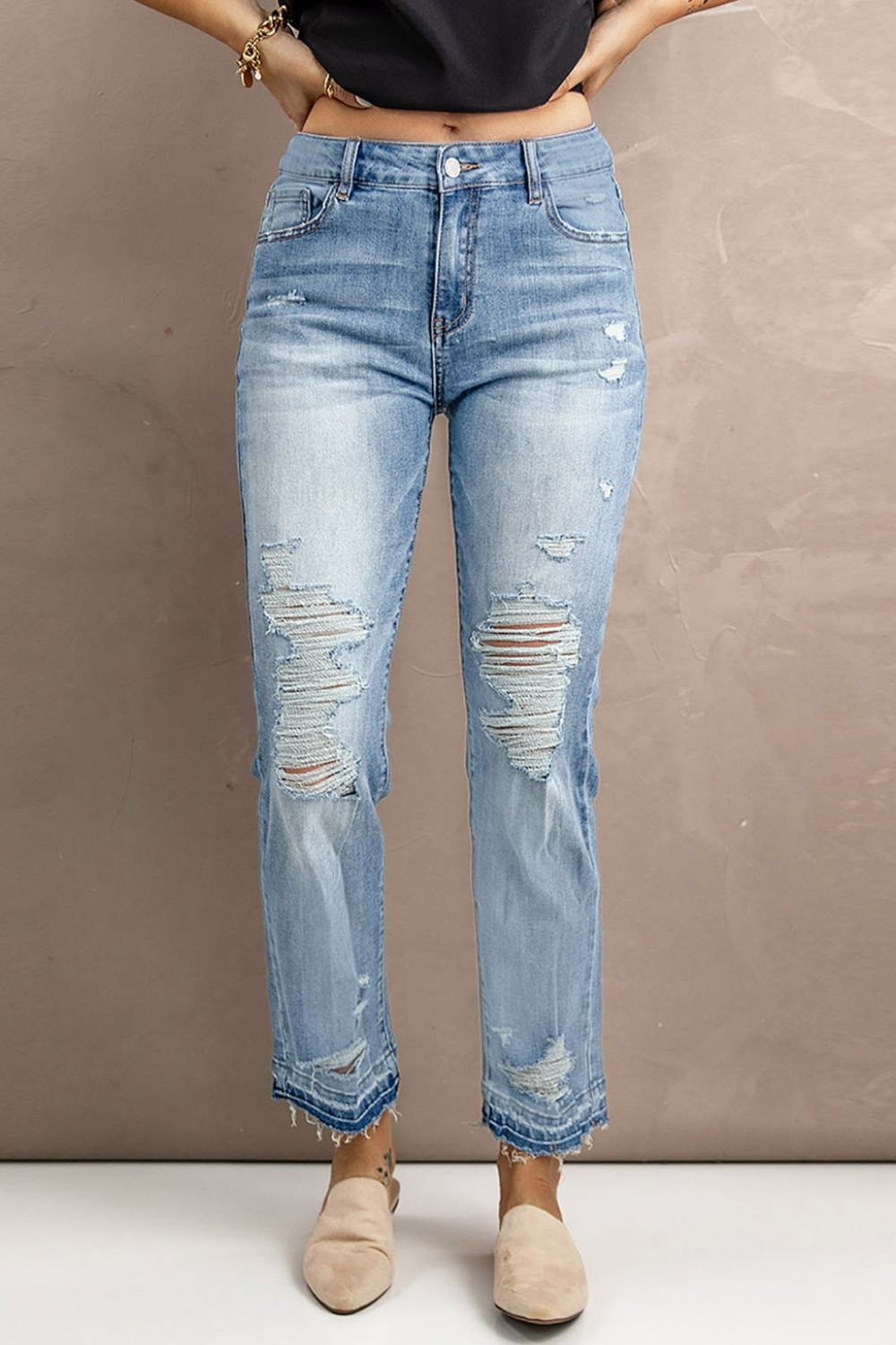 Straight Leg Distressed High Waist Jeans