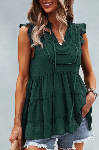 Swiss Dot Ruffle Sleeve Tiered Top
