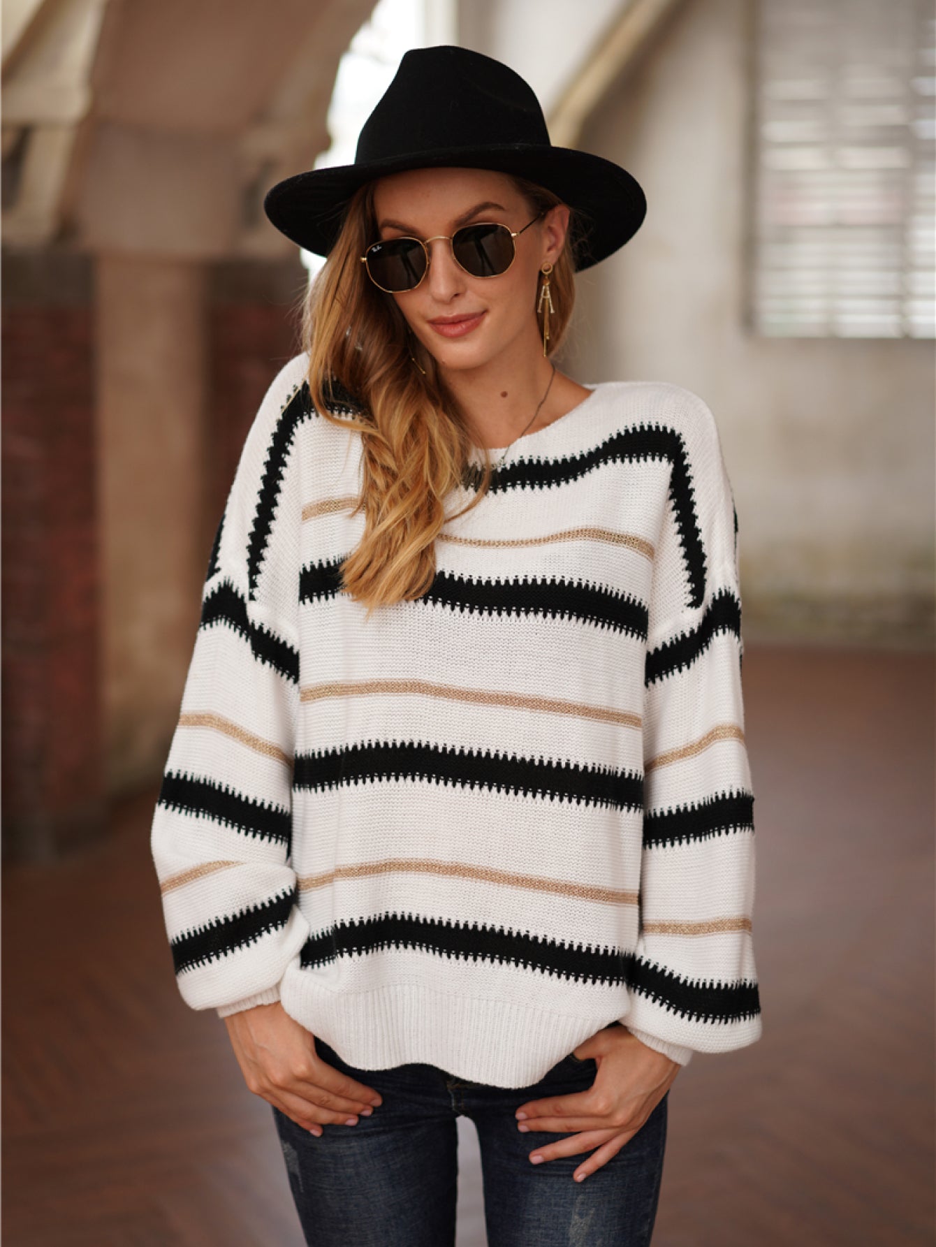 Striped Round Neck Lantern Sleeve Sweater