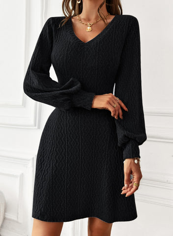 Lantern Sleeve V-Neck Textured Knit Dress