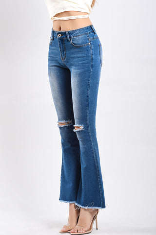 Full Size Distressed Frayed Hem Flare Jeans with Pockets