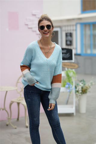 Striped Sleeve Rib-Knit Dropped Shoulder Sweater