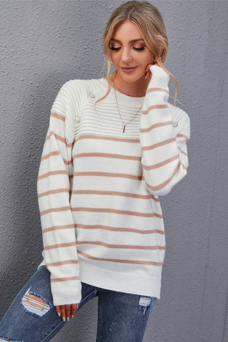 Striped Button Detail Round Neck Sweater