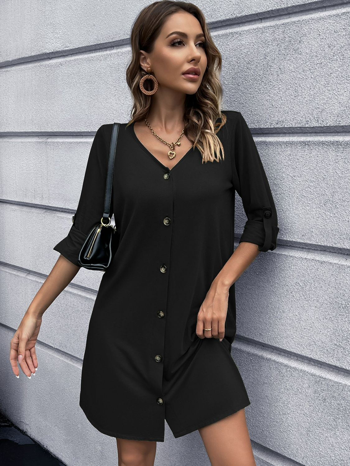 Button Front Roll-Tab Sleeve V-Neck Dress