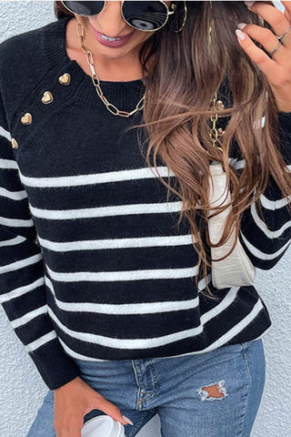 Striped Heart-Shaped Button Round Neck Sweater