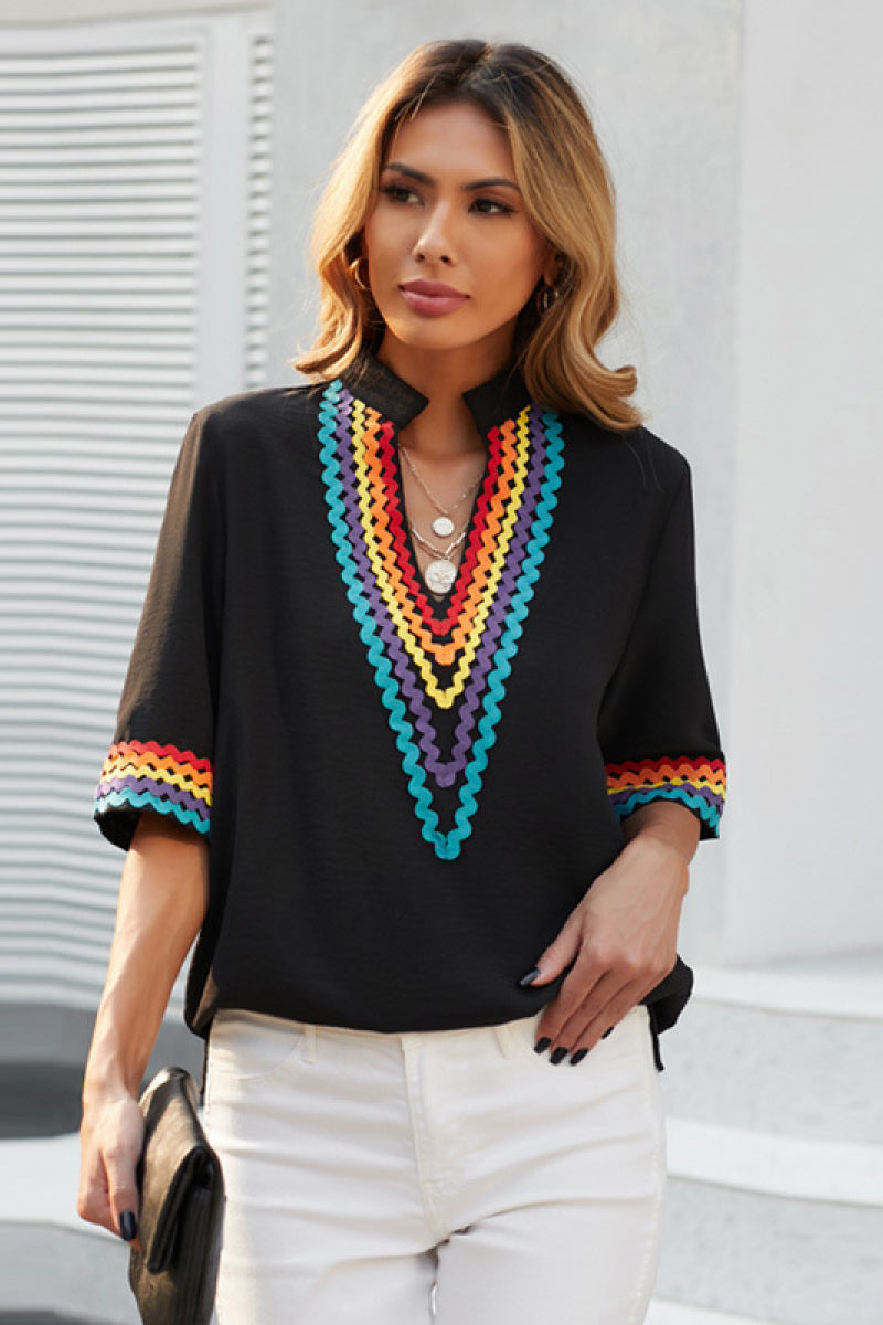 Embroidered Deep V Neck Chiffon Top