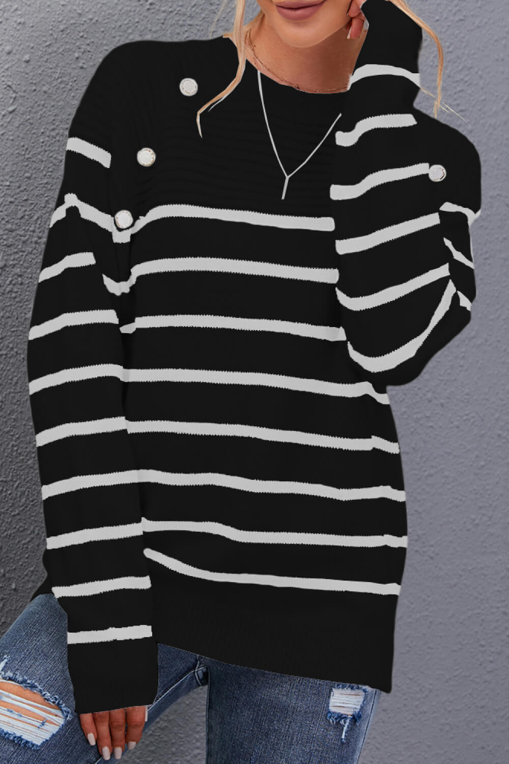 Striped Button Detail Round Neck Sweater