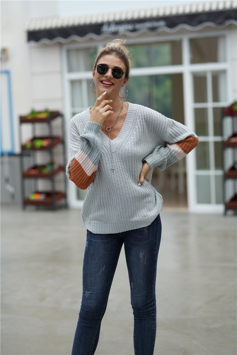 Striped Sleeve Rib-Knit Dropped Shoulder Sweater