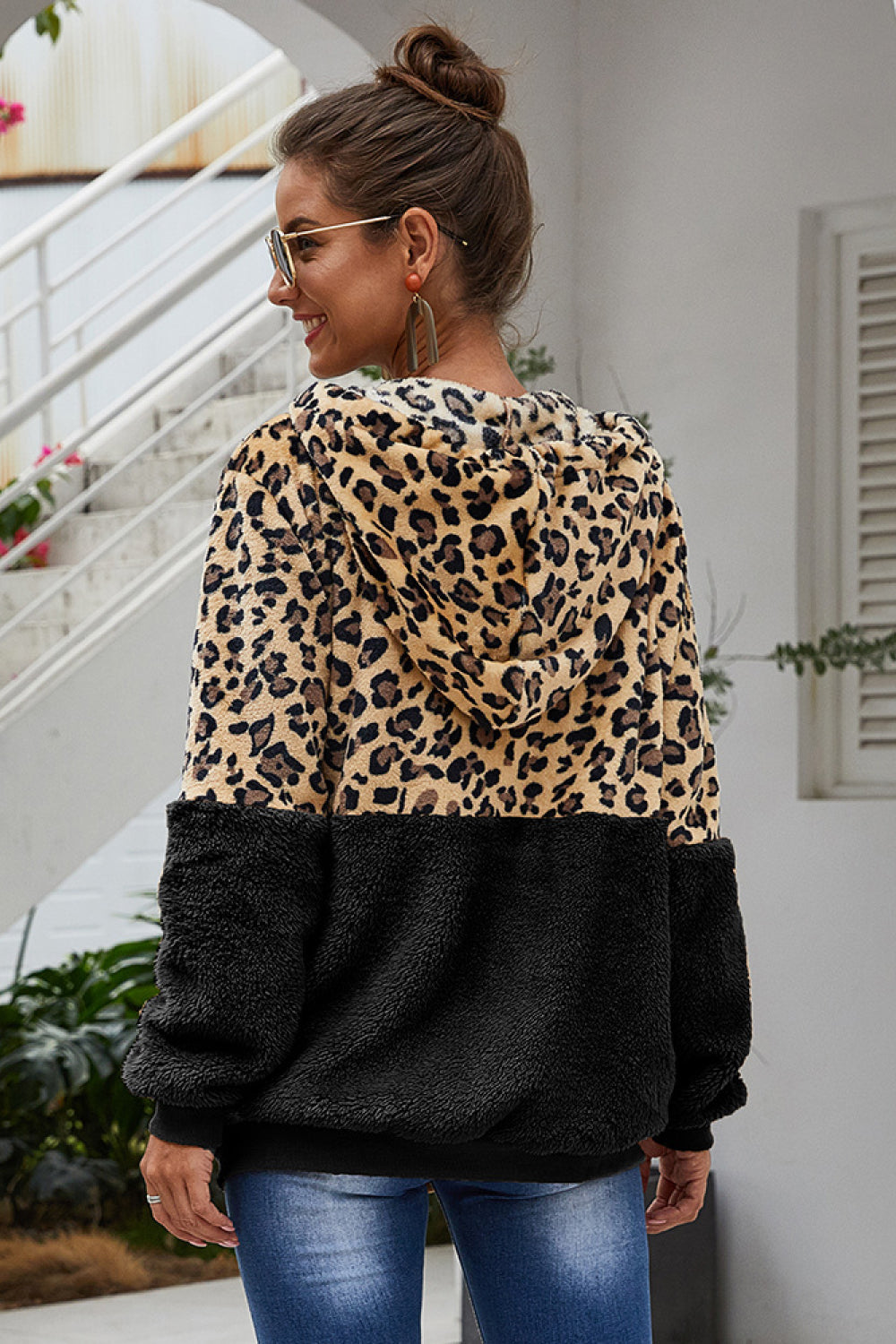 Spliced Leopard Drawstring Zip-Up Teddy Hoodie