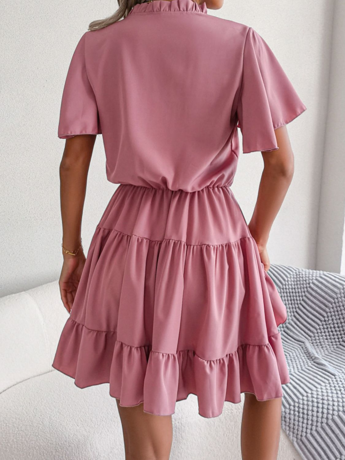 Tie Neck Tiered Flutter Sleeve Mini Dress