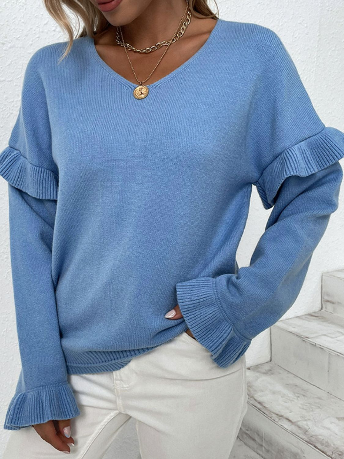 Layered Flounce Sleeve V-Neck Sweater