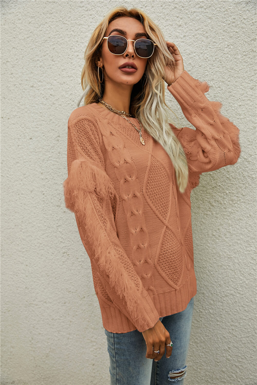 Mixed Knit Fringe Detail Round Neck Sweater