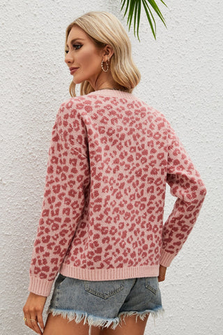 Leopard Ribbed Trim Round Neck Sweater