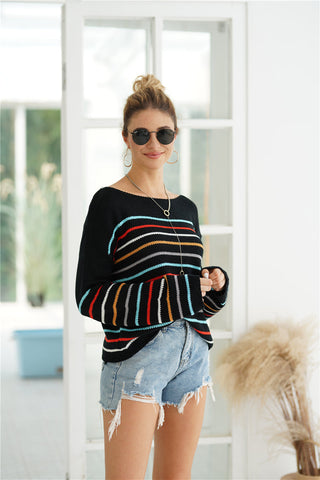 Striped Dropped Shoulder Boat Neck Sweater