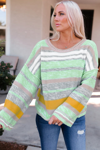 Striped Exposed Seam Bell Sleeve Sweater