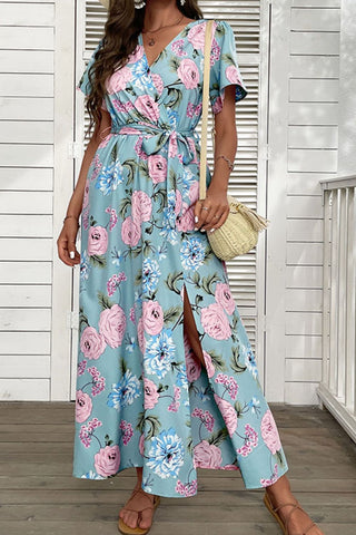 Robe longue fendue à taille nouée et à imprimé floral