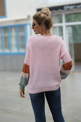 Striped Sleeve Rib-Knit Dropped Shoulder Sweater