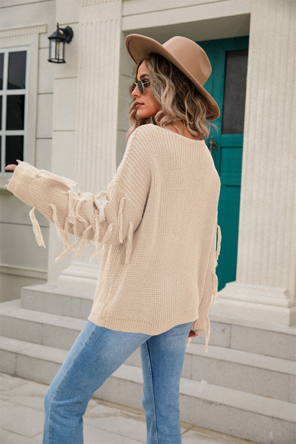 Tassel Detail Rib-Knit Round Neck Sweater