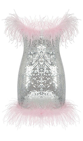 Strap Silver Sequin Feather Mini Dress