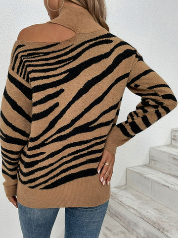 Pull col montant à épaules dénudées et imprimé tigre