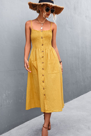 Spaghetti Strap Button Down Smocked Midi Dress