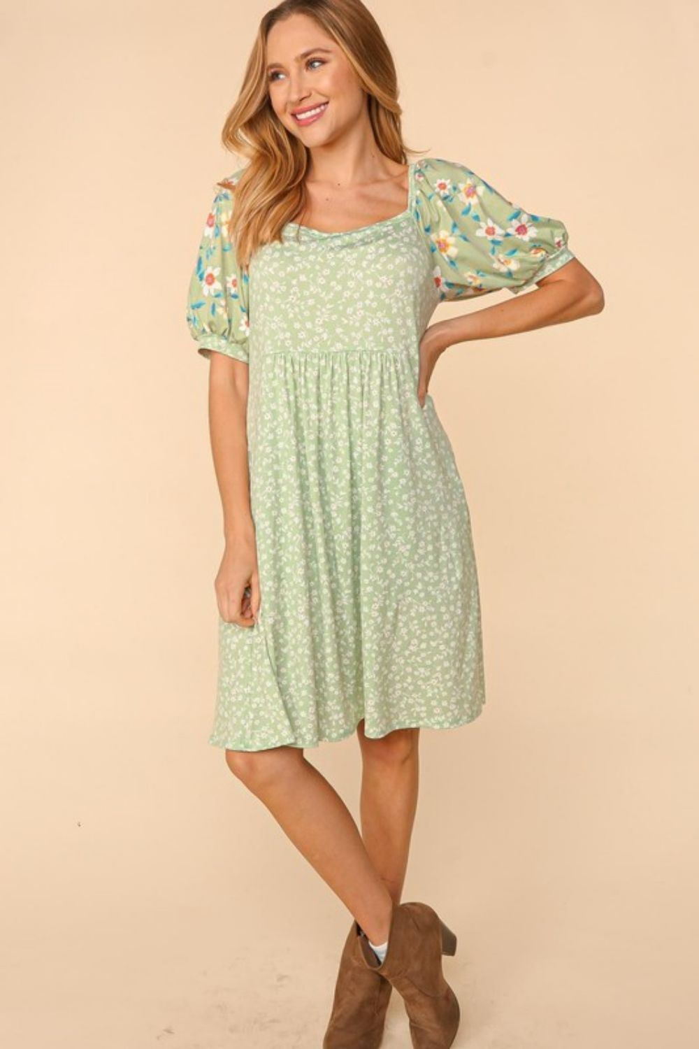 Haptics Full Size Floral Lantern Sleeve Dress with Pockets