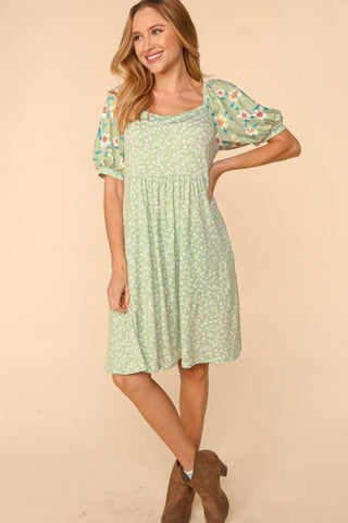 Haptics Full Size Floral Lantern Sleeve Dress with Pockets