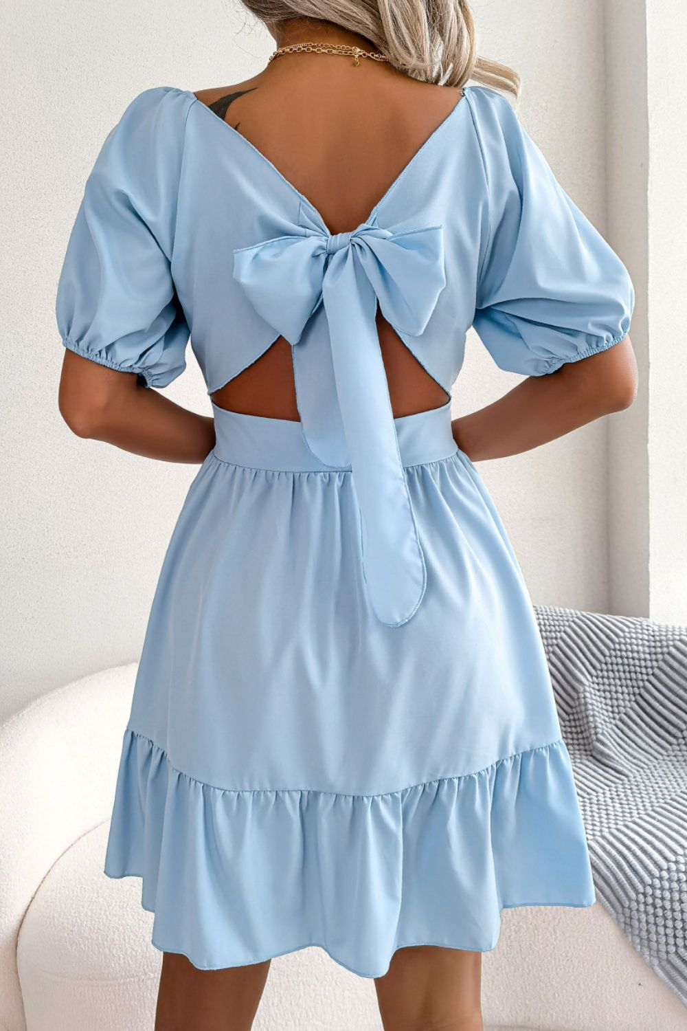 Square Neck Balloon Sleeve Ruffled Dress