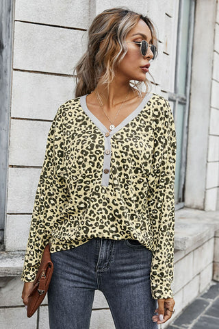 Leopard Buttoned Contrast Trim Top