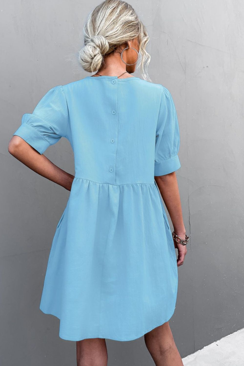 Buttoned Round Neck Puff Sleeve Dress