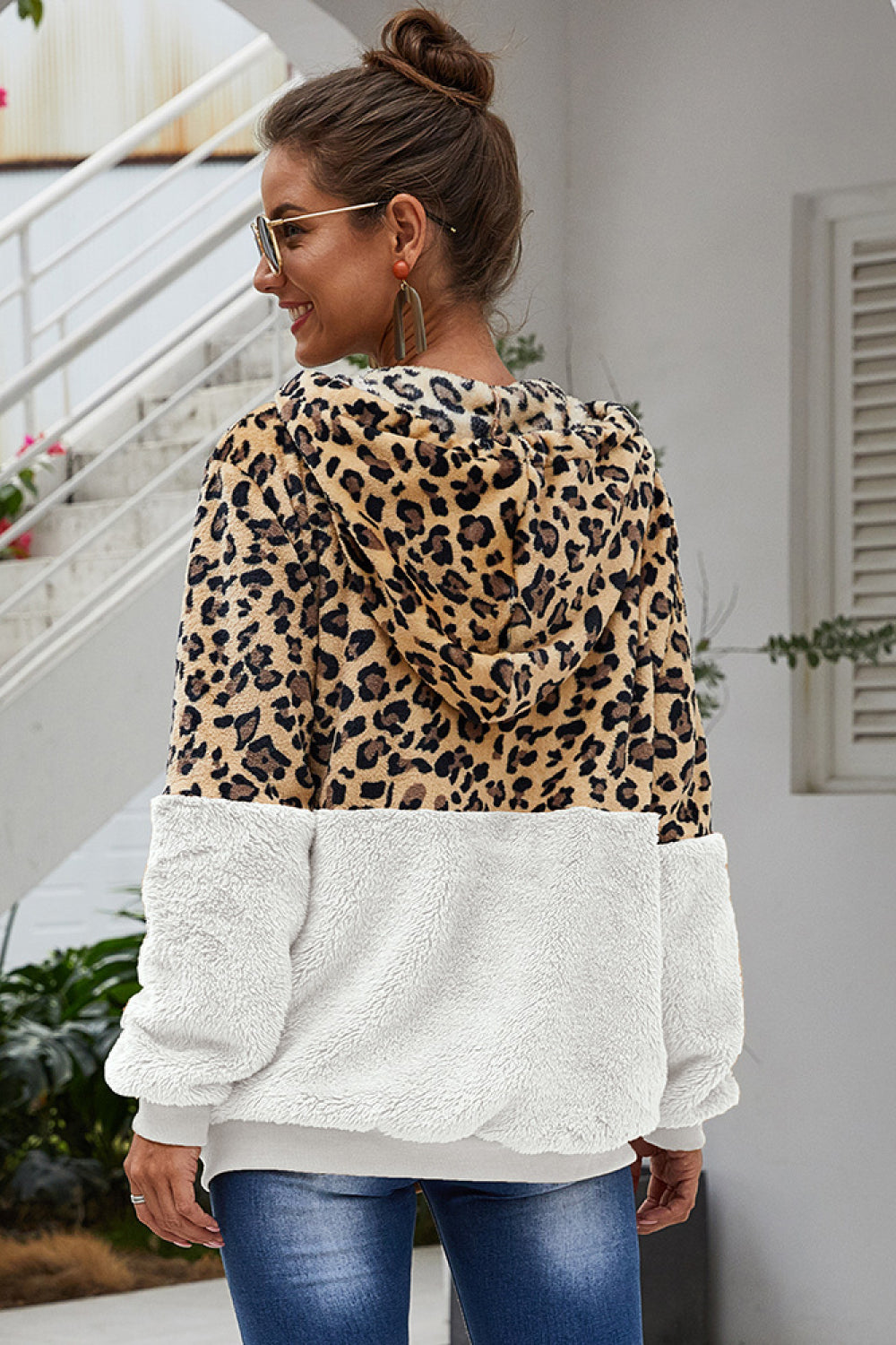 Spliced Leopard Drawstring Zip-Up Teddy Hoodie